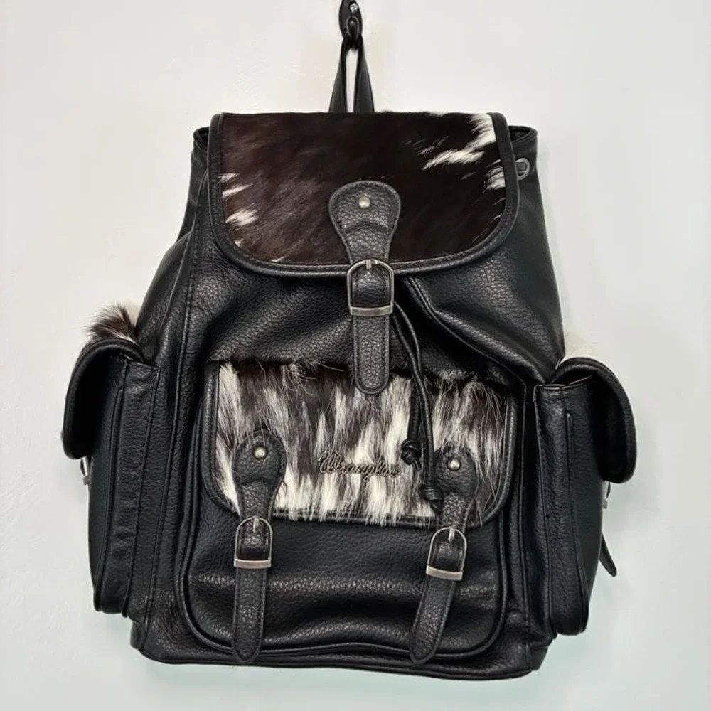 Wrangler Hair On Cowhide Buckled Backpack Black Faux Leather Western Boho